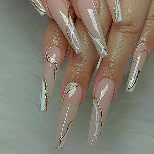 Elegant 24-Piece Marble Coffin Acrylic Nail Set for Chic Nail Art Designs