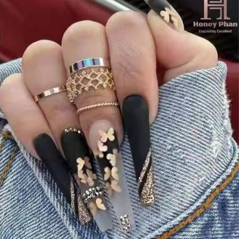 Matte Black and Gold Acrylic Nail Design