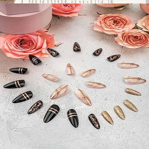 Glossy Medium Black Almond Press On Nails with Gold Swirls 24 Piece Set - Image 4