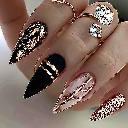 Glossy Medium Black Almond Press On Nails with Gold Swirls 24 Piece Set