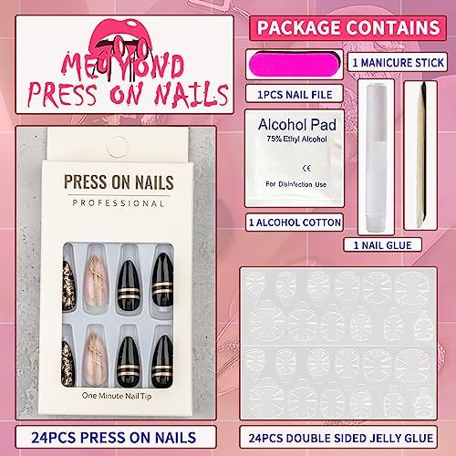 Glossy Medium Black Almond Press On Nails with Gold Swirls 24 Piece Set - Image 2