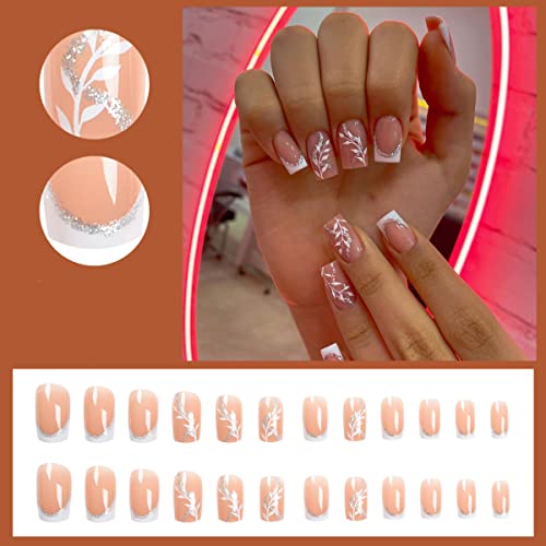 Medium Length Square Press on Nails French Tip Fake Nails with Glitter Flowers Leaves Luxury Design Glue on Nails Full Cover Nail Tips Cute Nude False Nails for Women Spring Nail Decorations 24Pcs - Image 2