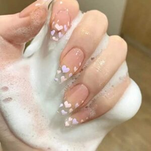 Medium & Long Square Fake Nails Blue Love Heart Glitter Pearl Press On Nails (Clear pink & purple love heart painting)