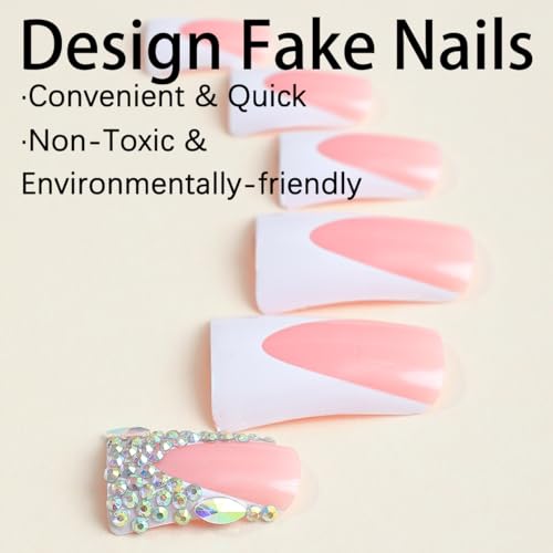 Medium Square French Tip Press on Nails Duckbill Design Rhinestones Reusable - Image 3