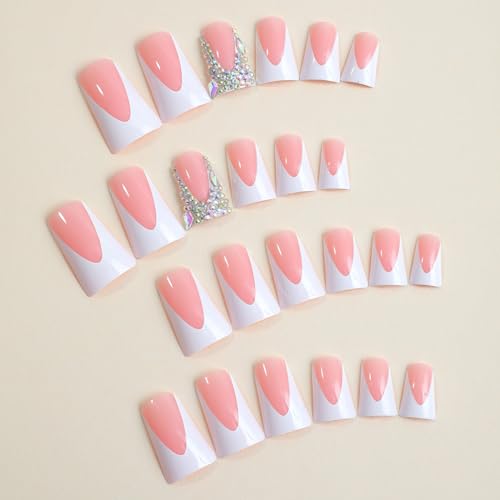 Medium Square French Tip Press on Nails Duckbill Design Rhinestones Reusable - Image 2