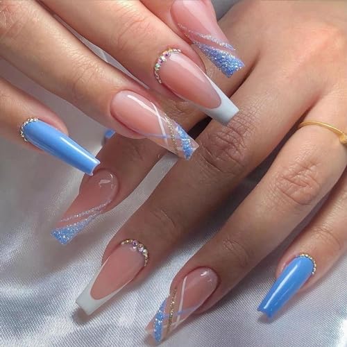 MISUD Press on Nails Long Coffin Fake Nails Glossy Glue on Nails Blue Acrylic Nails Ballerina White French Tip Artificial Nails Rhinestone Stick on False Nails with Bling Glitter Design 24 pcs