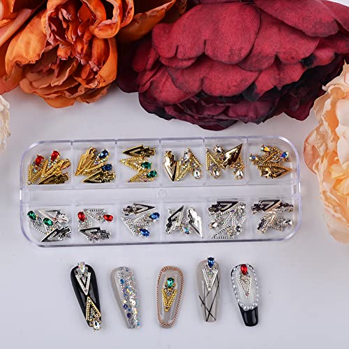 Mixed Shiny Alloy 3D Nail Art Rhinestones with Luxury Crystal, Gold Silver Big Glass Diamond Design Geometric Nails Charms DIY Triangle Nail Art Decoration Manicure Accessories (48 Pcs)
