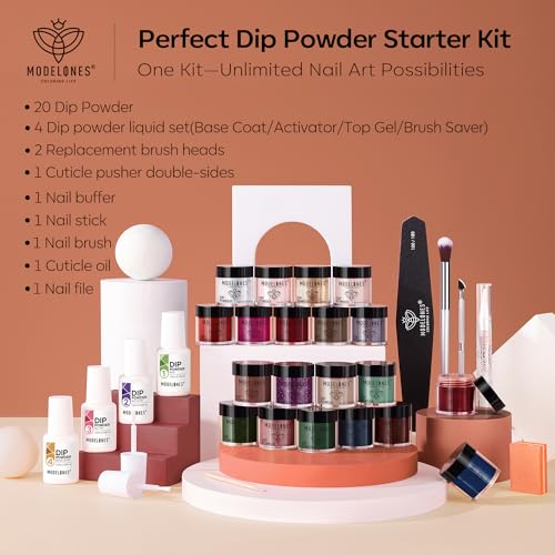 Modelones 32 Pcs Dip Powder Nail Kit Starter, 20 Colors Nude Pink Purple Brown Red Green Dipping Powder Liquid Set with Base/Top Coat Activator Brush Saver for Nail Art Manicure DIY Gift - Image 6