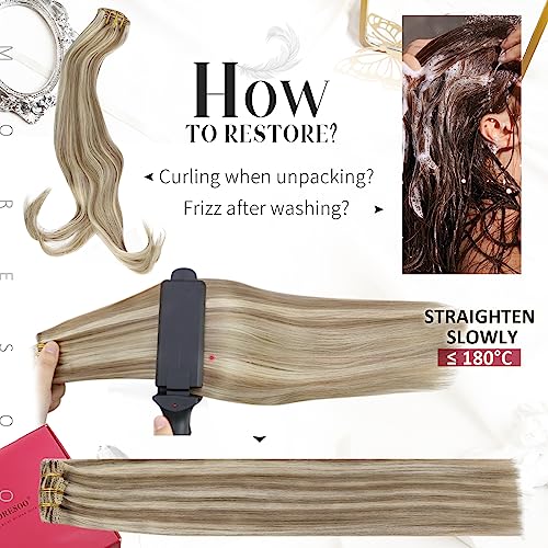 Moresoo Human Hair Clip in Extensions Blonde Highlights Clip in Hair Extensions Real Human Hair Double Weft Clip on Hair Extensions Human Hair Full Head 16inch 7Pieces 120Grams - Image 7