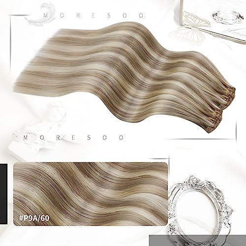 Moresoo Human Hair Clip in Extensions Blonde Highlights Clip in Hair Extensions Real Human Hair Double Weft Clip on Hair Extensions Human Hair Full Head 16inch 7Pieces 120Grams - Image 2