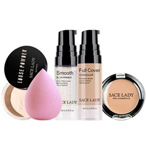 Oil-Free Face Powder & Full Coverage Foundation Concealer & Moisturizing Primer & Soft Sponge Waterproof Make Up Set Long Lasting Poreless Makeup 5Pcs