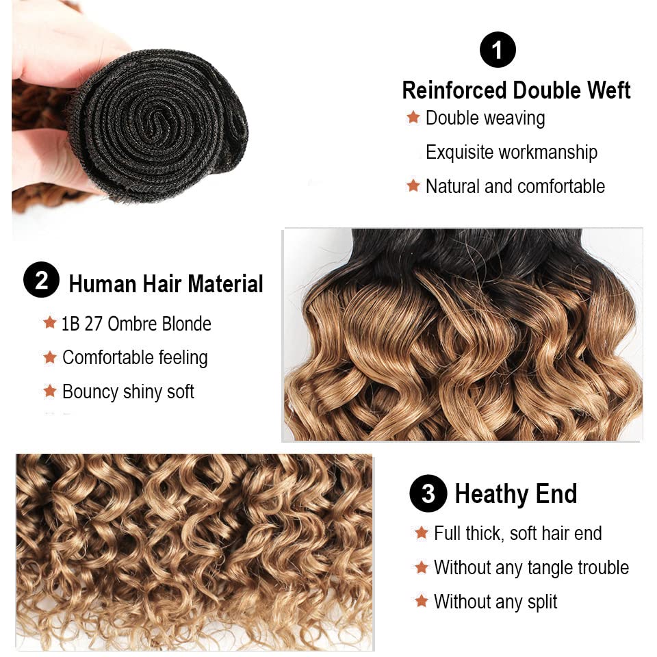 Ombre Bundles Human Hair Honey Blonde Human Hair Bundles 1b27 Kinky Curly Bundles Brazilian Virgin Human Hair 1 Bundle 24 Inch Two Tone Black and Blonde Bundles Remy Hair Weave 100g/Pc - Image 3