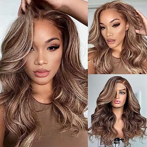 Ombre Highlight Honey Blond Loose Wave 13X6 HD Invisible Lace Front Human Hair Wigs for Women 150% Density Brazilian Remy Glueless Wig Pre Plucked with Baby Hair Bleached Knots for Women