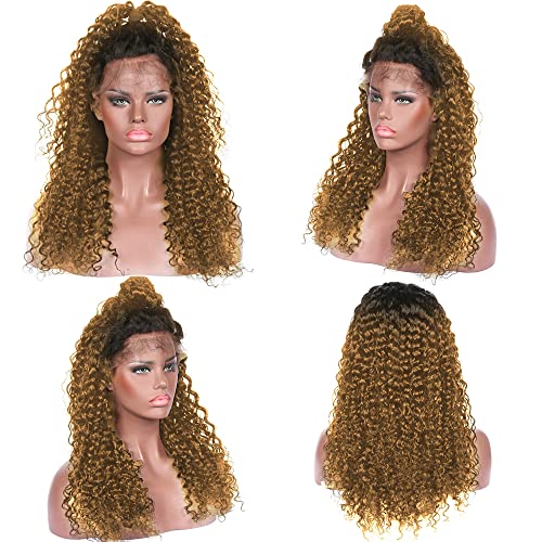 Ombre Human Hair Wigs 4x4 Closure Wig 1b27 Kinky Curly Wig Malaysian Virgin Hair Wet And Wavy With Baby Hair Pre Plucked Bleached Knots 2 Tone Dark Brown To Honey Blonde Hair 130% Density 24 Inch - Image 2