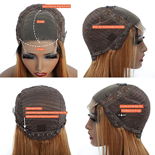 Ombre Human Hair Wigs 4x4 Closure Wig 1b27 Kinky Curly Wig Malaysian Virgin Hair Wet And Wavy With Baby Hair Pre Plucked Bleached Knots 2 Tone Dark Brown To Honey Blonde Hair 130% Density 24 Inch - Image 3