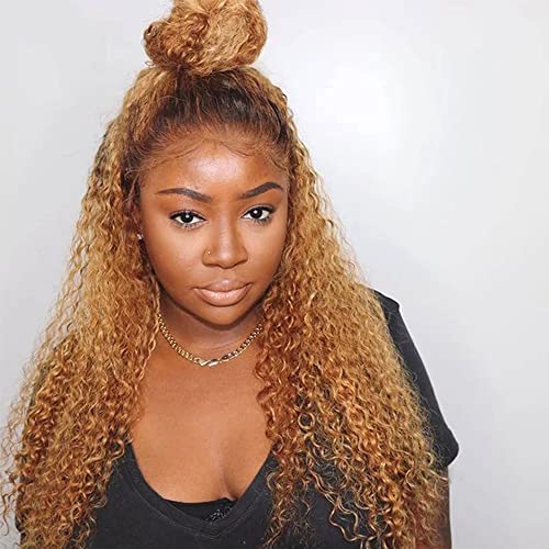 Ombre Human Hair Wigs 4x4 Closure Wig 1b27 Kinky Curly Wig Malaysian Virgin Hair Wet And Wavy With Baby Hair Pre Plucked Bleached Knots 2 Tone Dark Brown To Honey Blonde Hair 130% Density 24 Inch