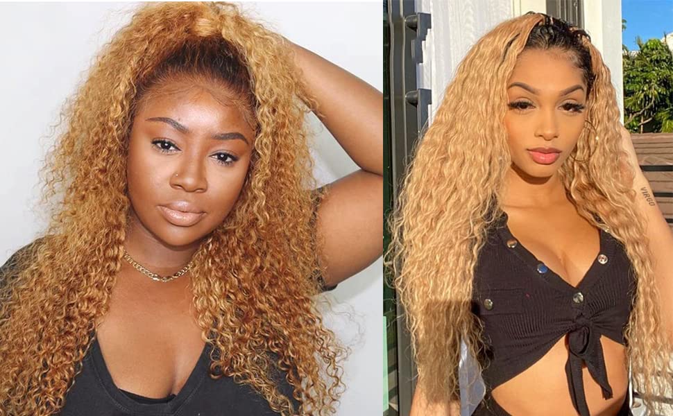 Ombre Human Hair Wigs 4x4 Closure Wig 1b27 Kinky Curly Wig Malaysian Virgin Hair Wet And Wavy With Baby Hair Pre Plucked Bleached Knots 2 Tone Dark Brown To Honey Blonde Hair 130% Density 24 Inch - Image 9