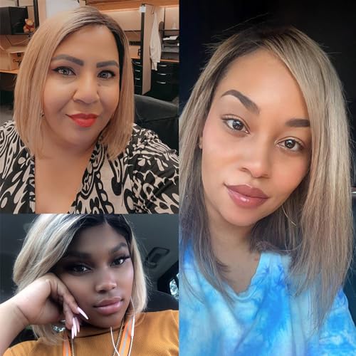 Ombre Straight Bob 13x6 Lace Front Wigs Human Hair Ash Blonde Short Bob Pre Plucked Glueless Wig with Elastic Band for Black Women (12 Inch) - Image 6