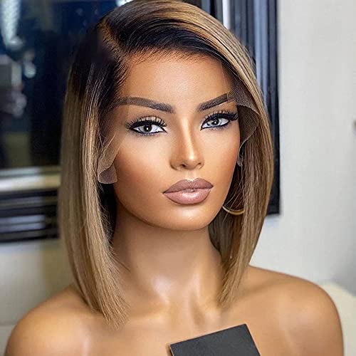 Ombre Straight Bob 13x6 Lace Front Wigs Human Hair Ash Blonde Short Bob Pre Plucked Glueless Wig with Elastic Band for Black Women (12 Inch) - Image 2