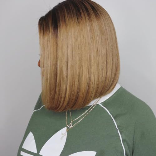 Ombre Straight Bob 13x6 Lace Front Wigs Human Hair Ash Blonde Short Bob Pre Plucked Glueless Wig with Elastic Band for Black Women (12 Inch) - Image 5