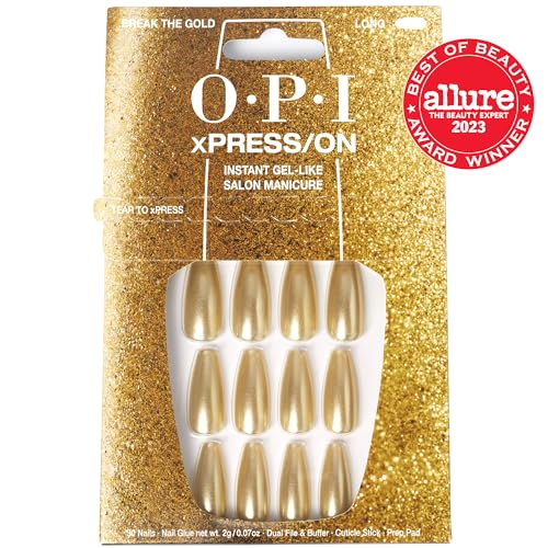 OPI xPress/On Press On Nails, Up to 14 Days of Gel-Like Salon Manicure, Vegan, Sustainable Packaging, With Nail Glue, Long Gold Shimmery Coffin Shape Nails, Break the Gold - Image 2