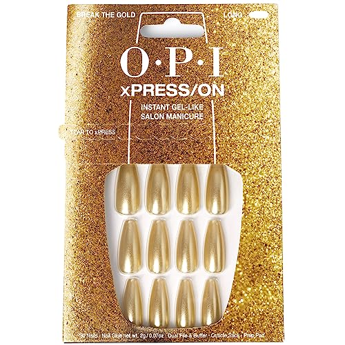OPI xPress/On Press On Nails, Up to 14 Days of Gel-Like Salon Manicure, Vegan, Sustainable Packaging, With Nail Glue, Long Gold Shimmery Coffin Shape Nails, Break the Gold