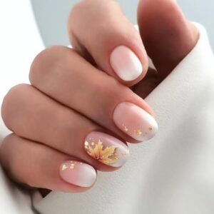 Oval Press on Nails Gradient White Fake Nails Gold Maple Leaf False Nails Full Cover Glossy Acrylic Nails Fall Nails Reusable Stick on Nails Jelly Press on Nails for Women Girls Autumn Manicure