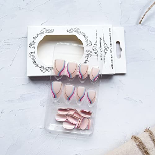 Press on Nails Short French Fake Nails Almond Stick on Nails Round Head Acrylic Nails with Designs Glue on Nails French Colorful Swirl False Nails with Glue Glossy Pink Artificial Nails for Women - Image 4