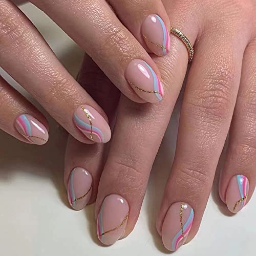 Press on Nails Short French Fake Nails Almond Stick on Nails Round Head Acrylic Nails with Designs Glue on Nails French Colorful Swirl False Nails with Glue Glossy Pink Artificial Nails for Women