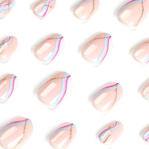 Press on Nails Short French Fake Nails Almond Stick on Nails Round Head Acrylic Nails with Designs Glue on Nails French Colorful Swirl False Nails with Glue Glossy Pink Artificial Nails for Women - Image 3