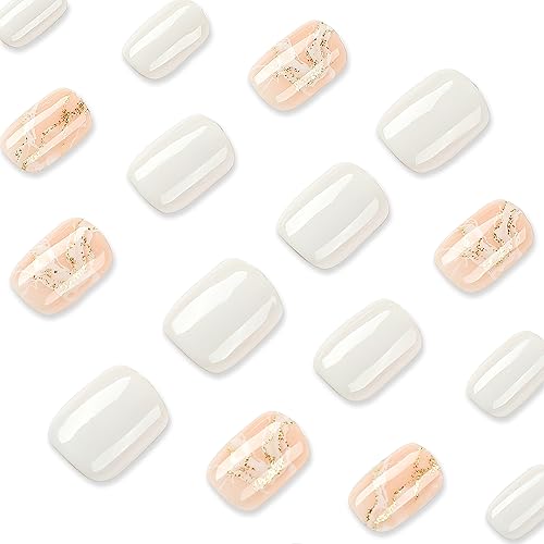 Press on Nails Short Square MABKJLF White Fake Nails Marble Full Cover False Nails with Gold Line Designs Glossy Glue on Nails Stick on Nails Artificial Acrylic Nails for Women Girls 24 Pcs - Image 5