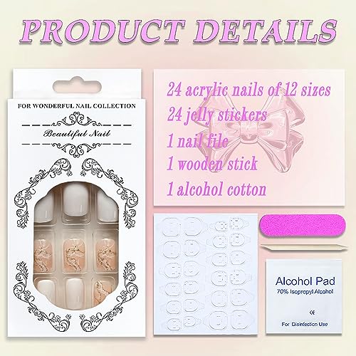 Press on Nails Short Square MABKJLF White Fake Nails Marble Full Cover False Nails with Gold Line Designs Glossy Glue on Nails Stick on Nails Artificial Acrylic Nails for Women Girls 24 Pcs - Image 4