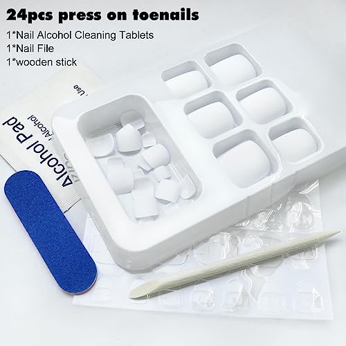 Press on Toenails 24pcs Short Square Fake Toenails Full Cover White Matte False Toe Nails Acrylic Toenails for Women Girls Foot Decor - Image 3
