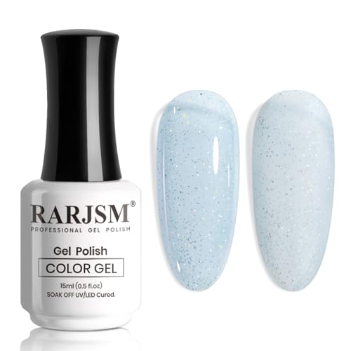 RARJSM Iridescent Glitter Gel Nail Polish Clear Pastel Blue Chunky Sparkle Rainbow Shimmer Jelly Transparent Sky Blue Gel Polish Single Bottle Soak off UV LED Cured for Home Salon Manicure 15ML