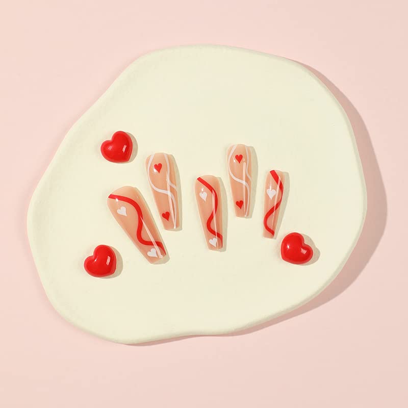 24-Piece Red and White Coffin Acrylic Nail Set for Fashionable Manicures - Image 3