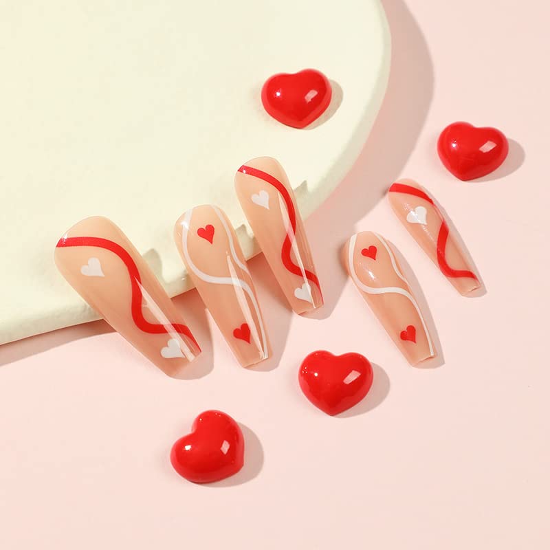 24-Piece Red and White Coffin Acrylic Nail Set for Fashionable Manicures - Image 2