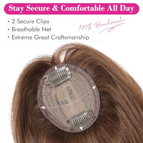 REECHO 10 Inch Brown Real Human Hair Topper for Women Clip-In Extensions with Bangs - Image 4