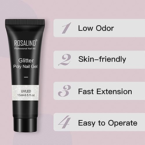 ROSALIND Glitter Poly Nails Gel Set, 6 Colors Nail Extensions Gel Clear White Soft Pink Glitter Series Nail Enhancement Gel, 15ML Poly Nail Gel Colors for Nails Art Beginner DIY at Home - Image 8