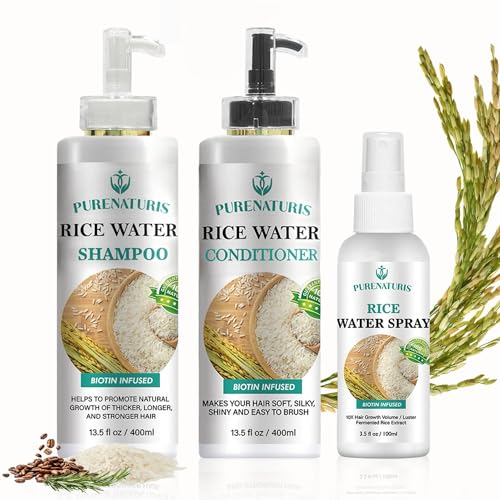 Rosemary Rice Water for Hair Growth Treatment Set : Shampoo, Conditioner and Leave-In Spray with Rosemary, Biotin, Caffeine, Keratin for Anti-Loss, Complete System for Men and Women