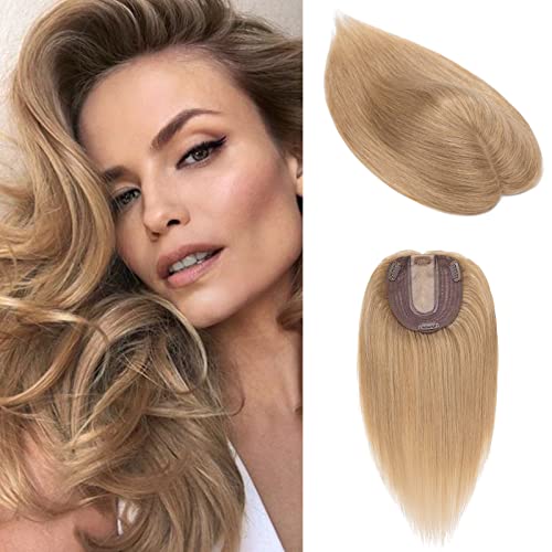 S-noilite Hair Toppers for Women Real Human Hair Topper No Bangs #27 Dark Blonde clip in topper 6 Inch Hair Pieces for Women with Thinning Hair Silk Base Hair Loss Cover 100% Real Human Hair 27g