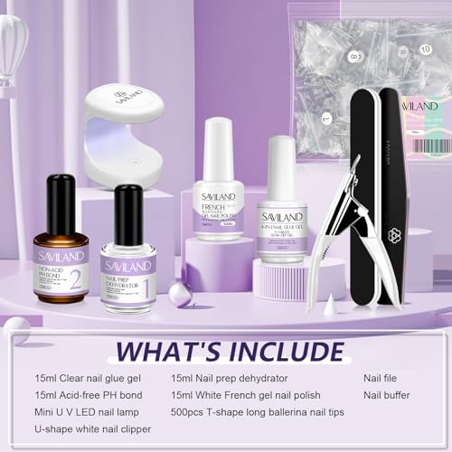 SAVILAND Gel X Nail Kit - 500Pcs Long Coffin Nail Tips with 4-in-1 Nail Glue Gel Nail Prep Dehydrator & Acid-free PH Bond Mini U V Light Nail Tools Kit for Extended French Manicure Gift - Image 2