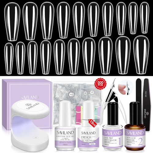 SAVILAND Gel X Nail Kit - 500Pcs Long Coffin Nail Tips with 4-in-1 Nail Glue Gel Nail Prep Dehydrator & Acid-free PH Bond Mini U V Light Nail Tools Kit for Extended French Manicure Gift