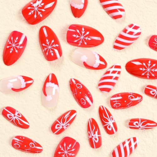 24 Pcs Short Almond Christmas Press-On Nails with Glossy Santa Hat Snowflake Designs - Image 3