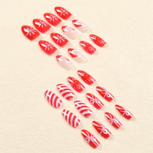 24 Pcs Short Almond Christmas Press-On Nails with Glossy Santa Hat Snowflake Designs - Image 5