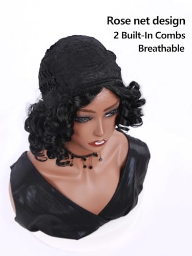 Short Curly Wigs for Black Women Afro Big Curly Black Wigs with Bangs Fluffy Natural Looking Synthetic Wigs for African American Women Daily Cosplay Party Use Soft Hair (Black) - Image 8