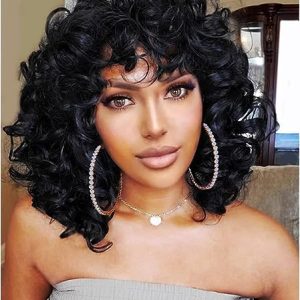 Short Curly Wigs for Black Women Afro Big Curly Black Wigs with Bangs Fluffy Natural Looking Synthetic Wigs for African American Women Daily Cosplay Party Use Soft Hair (Black)