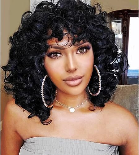 Short Curly Wigs for Black Women Afro Big Curly Black Wigs with Bangs Fluffy Natural Looking Synthetic Wigs for African American Women Daily Cosplay Party Use Soft Hair (Black)