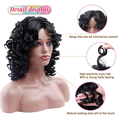 Short Curly Wigs for Black Women Afro Big Curly Black Wigs with Bangs Fluffy Natural Looking Synthetic Wigs for African American Women Daily Cosplay Party Use Soft Hair (Black) - Image 5