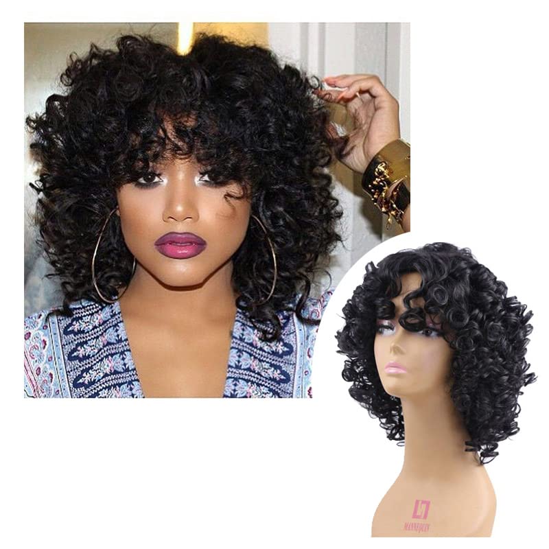 Short Curly Wigs for Black Women Afro Big Curly Black Wigs with Bangs Fluffy Natural Looking Synthetic Wigs for African American Women Daily Cosplay Party Use Soft Hair (Black) - Image 7