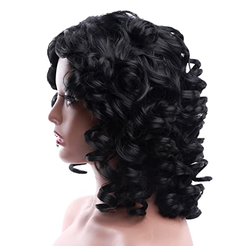 Short Curly Wigs for Black Women Afro Big Curly Black Wigs with Bangs Fluffy Natural Looking Synthetic Wigs for African American Women Daily Cosplay Party Use Soft Hair (Black) - Image 3